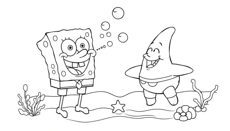Schwarz-Weiß-Farbtafel-Ausmalbild von SpongeBob Schwammkopf und Patrick Star, die Blasen im Meer blasen.