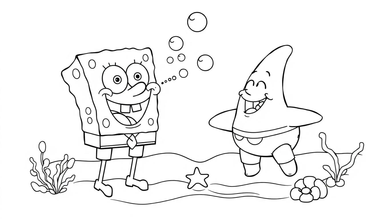 Schwarz-Weiß-Farbtafel-Ausmalbild von SpongeBob Schwammkopf und Patrick Star, die Blasen im Meer blasen.