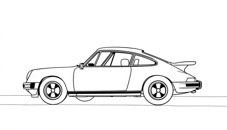 Eine schwarz-weisse Skizze eines Porsche 911 Sportwagens, bereit zur Farbtafel.