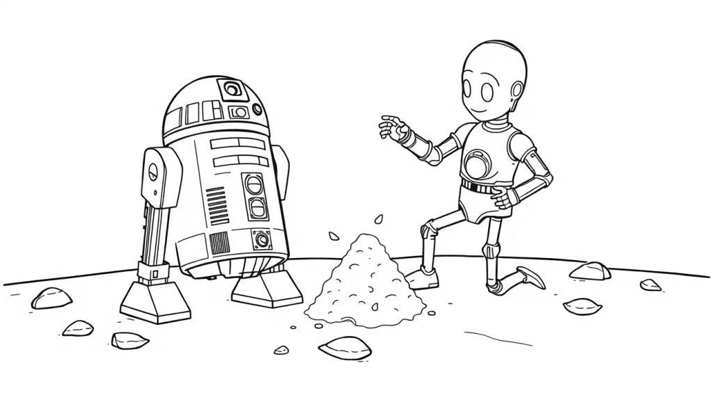 Schwarz-Weiß-Farbtafel von R2-D2 und C-3PO auf Tatooine.