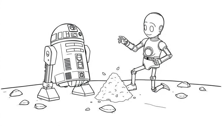 Schwarz-Weiß-Farbtafel von R2-D2 und C-3PO auf Tatooine.