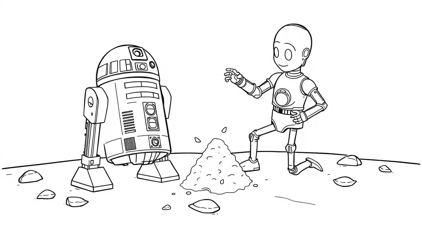 Schwarz-Weiß-Farbtafel von R2-D2 und C-3PO auf Tatooine.