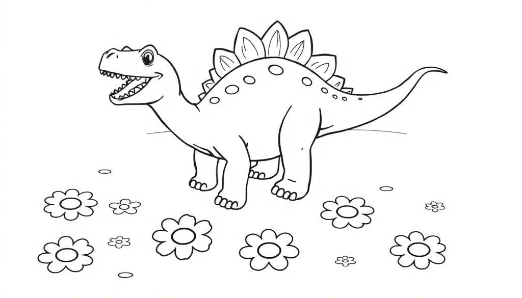 Eine schwarz-weiße Farbtafel eines freundlichen Stegosaurus, der auf einer Blumenwiese steht.