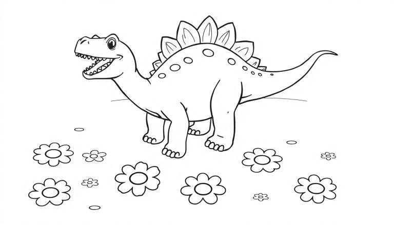 Eine schwarz-weiße Farbtafel eines freundlichen Stegosaurus, der auf einer Blumenwiese steht.