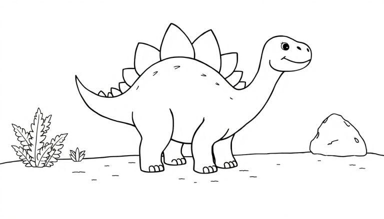 Eine niedliche schwarz-weiße Farbtafel eines freundlichen Stegosaurus mit Platten auf dem Rücken und einem sanften Lächeln, in einer einfachen Landschaft mit einem Busch und einem Felsen.