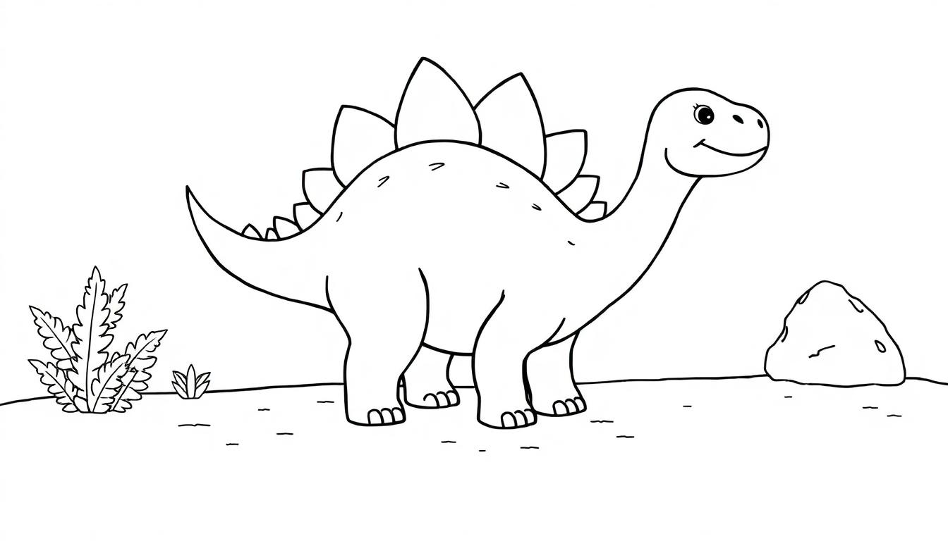 Eine niedliche schwarz-weiße Farbtafel eines freundlichen Stegosaurus mit Platten auf dem Rücken und einem sanften Lächeln, in einer einfachen Landschaft mit einem Busch und einem Felsen.