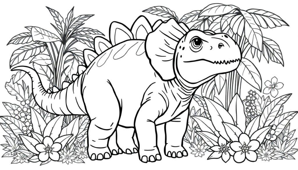 Schwarz-Weiß-Farbtafel-Umrisszeichnung eines freundlichen Stegosaurus im Dschungel.