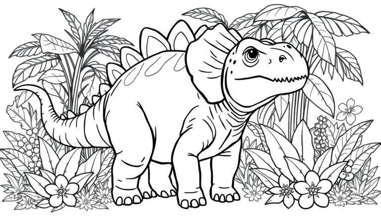 Schwarz-Weiß-Farbtafel-Umrisszeichnung eines freundlichen Stegosaurus im Dschungel.