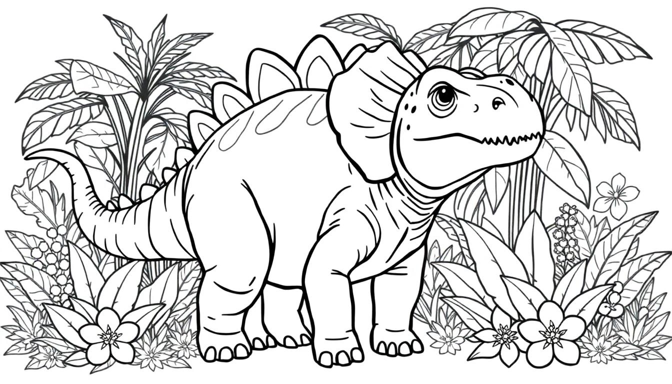 Schwarz-Weiß-Farbtafel-Umrisszeichnung eines freundlichen Stegosaurus im Dschungel.
