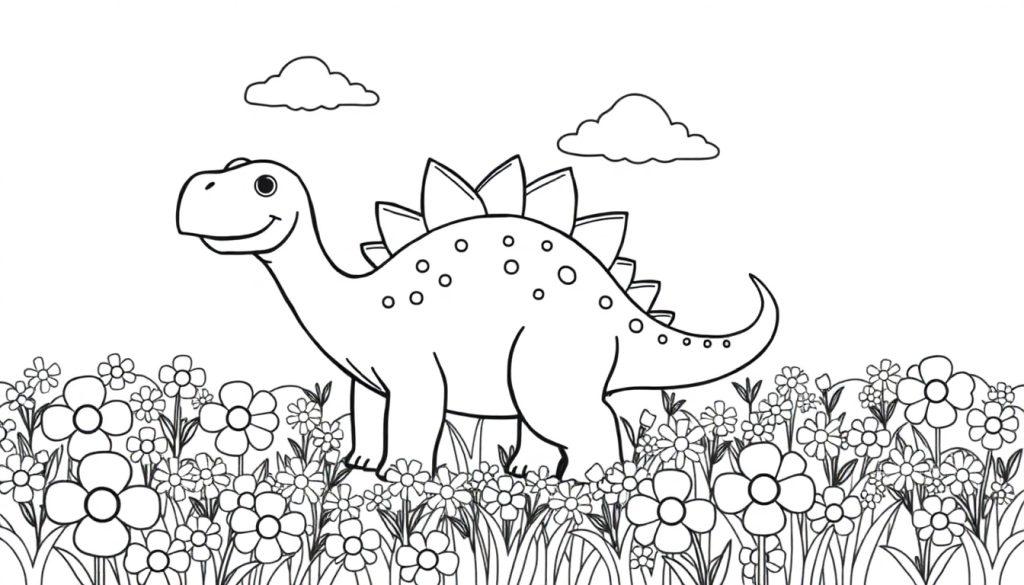 Schwarz-Weiß-Farbtafel eines freundlichen Stegosaurus in einer Blumenwiese mit zwei Wolken darüber.
