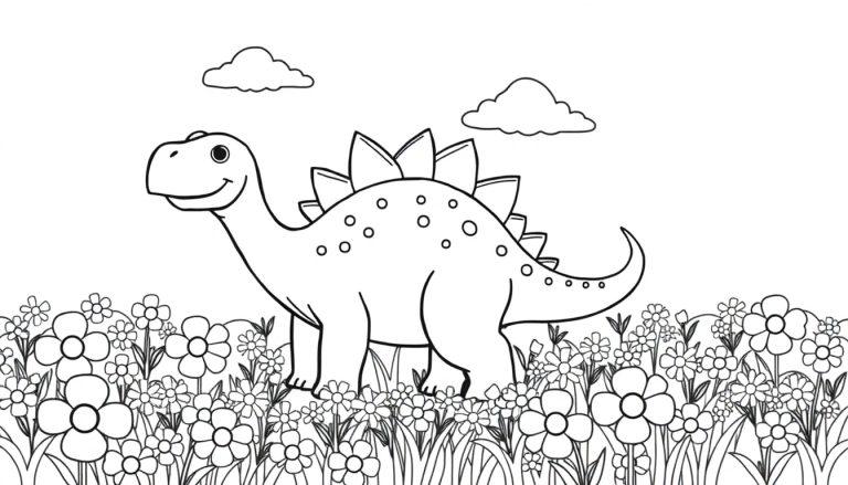 Schwarz-Weiß-Farbtafel eines freundlichen Stegosaurus in einer Blumenwiese mit zwei Wolken darüber.