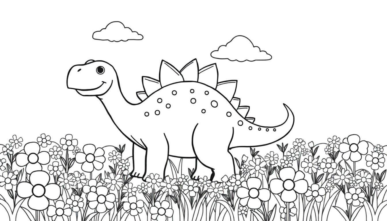 Schwarz-Weiß-Farbtafel eines freundlichen Stegosaurus in einer Blumenwiese mit zwei Wolken darüber.