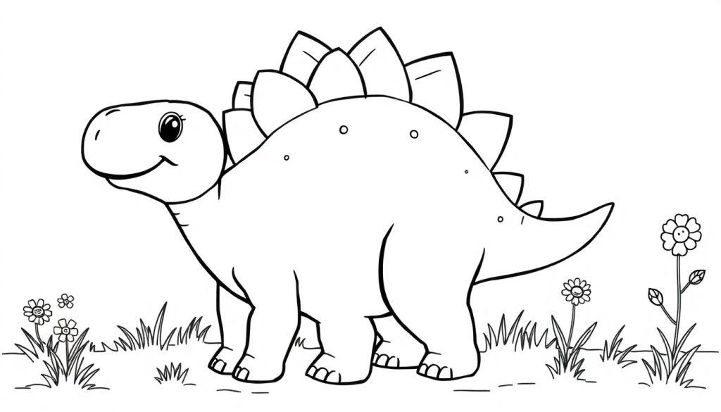 Eine niedliche, schwarz-weiße Farbtafel eines Cartoon-Stegosaurus mit großen Rückenplatten und einem freundlichen Gesicht.