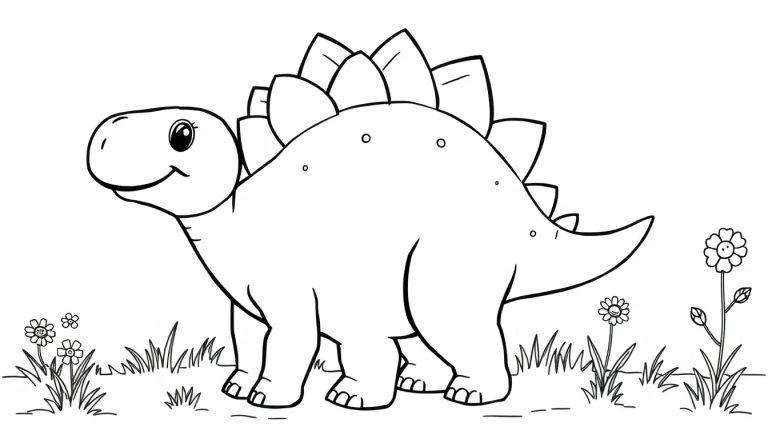 Eine niedliche, schwarz-weiße Farbtafel eines Cartoon-Stegosaurus mit großen Rückenplatten und einem freundlichen Gesicht.