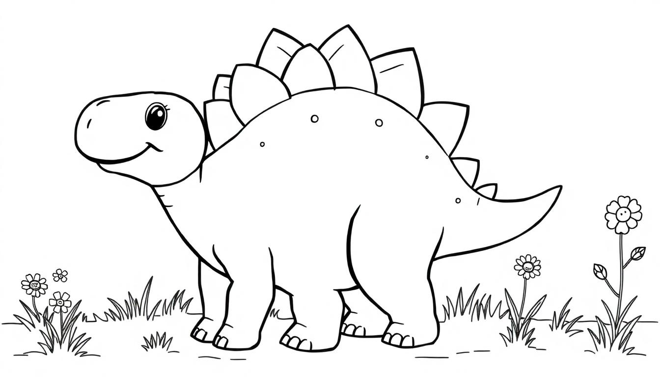 Eine niedliche, schwarz-weiße Farbtafel eines Cartoon-Stegosaurus mit großen Rückenplatten und einem freundlichen Gesicht.