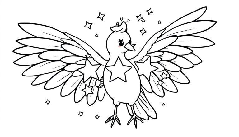 Schwarz-Weiß-Zeichnung eines Vogels mit Sternen auf den Flügeln und der Brust.