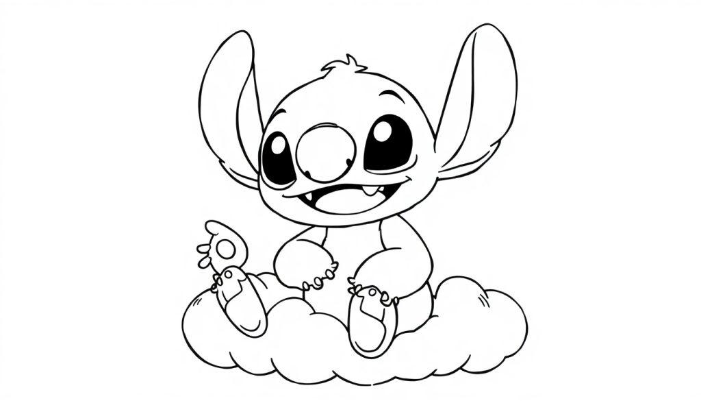 Eine Schwarz-Weiß-Farbtafel von Stitch auf einer Wolke.