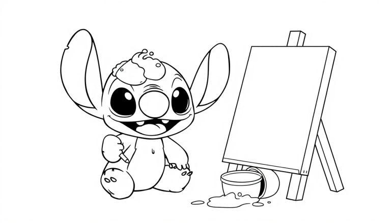 Schwarz-Weiß-Farbtafel von Stitch, der versucht zu malen und Farbe auf dem Kopf hat.