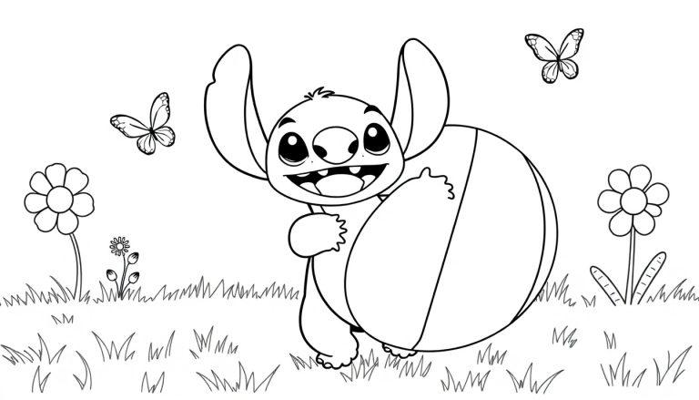 Eine Farbtafel mit Stitch, der einen Ball umarmt, umgeben von Blumen und Schmetterlingen.