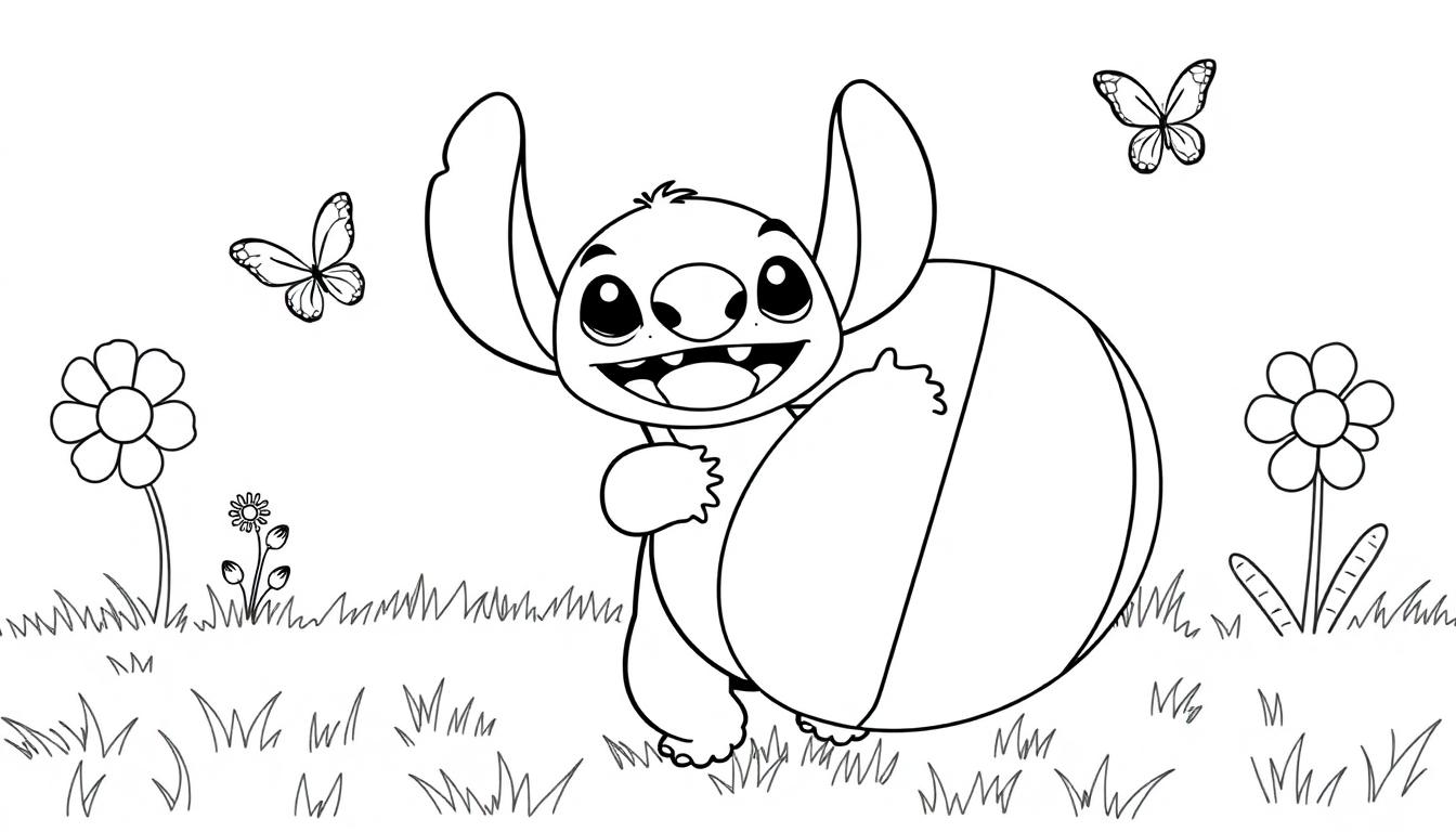 Eine Farbtafel mit Stitch, der einen Ball umarmt, umgeben von Blumen und Schmetterlingen.