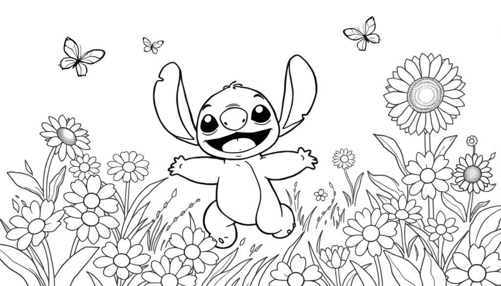 Schwarz-Weiß-Farbtafel von Stitch, der auf einer Blumenwiese tanzt.