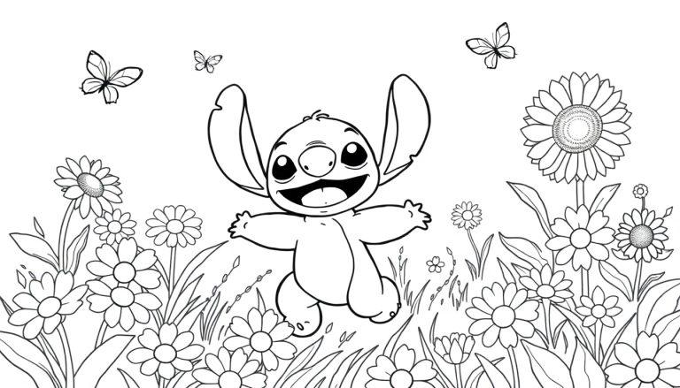 Schwarz-Weiß-Farbtafel von Stitch, der auf einer Blumenwiese tanzt.