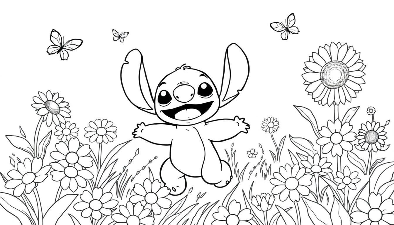 Schwarz-Weiß-Farbtafel von Stitch, der auf einer Blumenwiese tanzt.