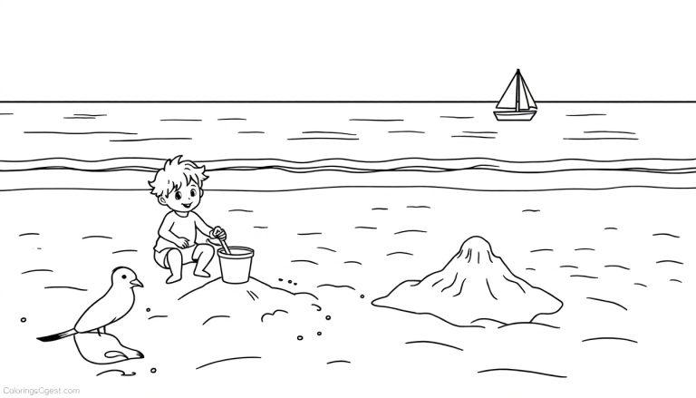 Schwarz-weiße Cartoonzeichnung eines Jungen, der am Strand mit einem Eimer und Spaten spielt, mit einem Sandhaufen und einem Vogel auf einem Felsen, während ein Segelboot im Hintergrund auf dem Meer zu sehen ist, als Malvorlage.