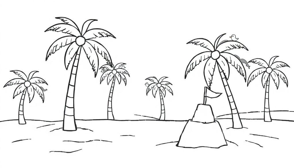 Schwarz-weiße Farbtafel einer tropischen Strandszene mit Palmen und einer Sandburg, bereit zum Ausmalen für Kinder.