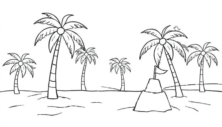 Schwarz-weiße Farbtafel einer tropischen Strandszene mit Palmen und einer Sandburg, bereit zum Ausmalen für Kinder.