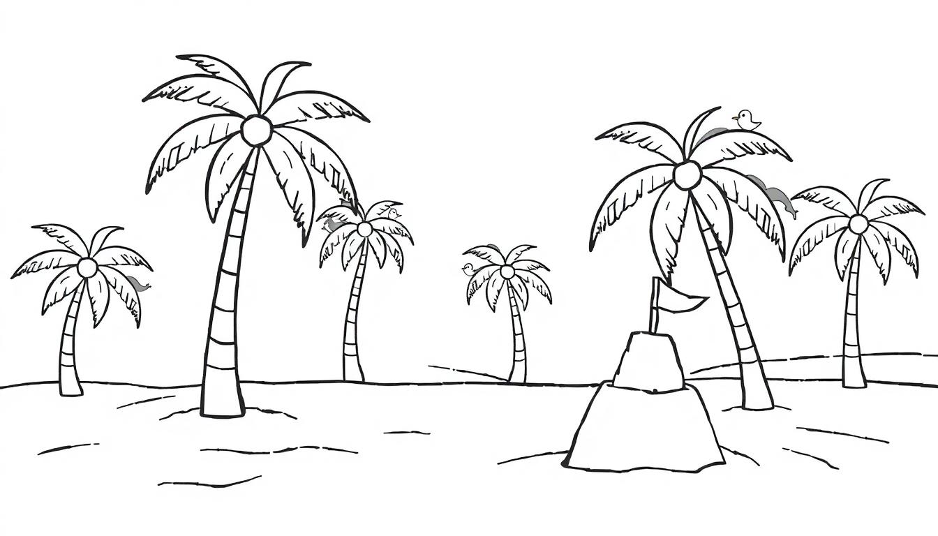 Schwarz-weiße Farbtafel einer tropischen Strandszene mit Palmen und einer Sandburg, bereit zum Ausmalen für Kinder.