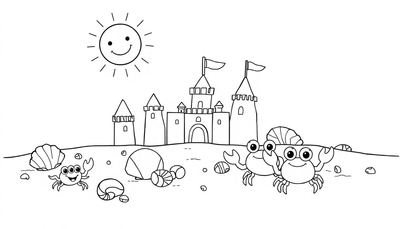 Schwarz-weiß Farbtafel: Eine freundliche Sonne lacht über einer Sandburg am Strand mit Krabben.