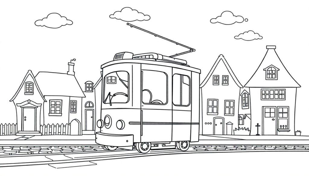 Schwarz-weiße Zeichnung einer historischen Straßenbahn mit Stromabnehmer vor Häusern, Farbtafel.