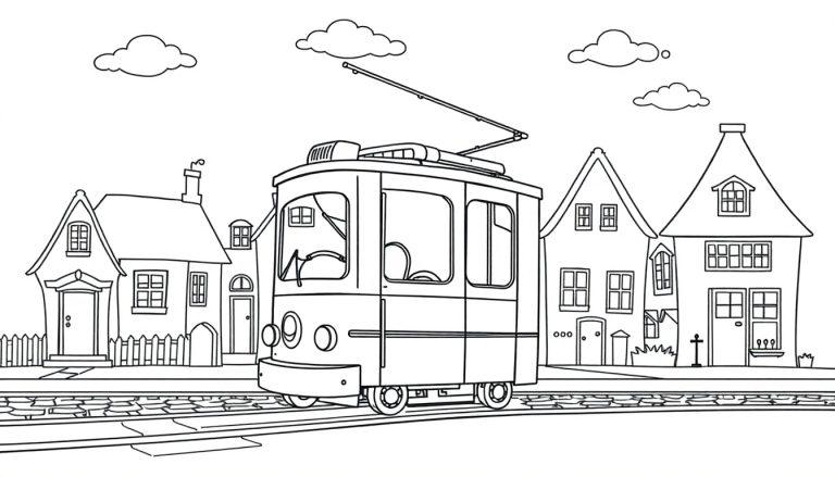 Schwarz-weiße Zeichnung einer historischen Straßenbahn mit Stromabnehmer vor Häusern, Farbtafel.