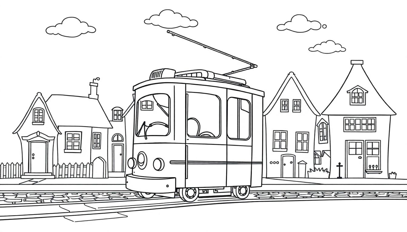 Schwarz-weiße Zeichnung einer historischen Straßenbahn mit Stromabnehmer vor Häusern, Farbtafel.