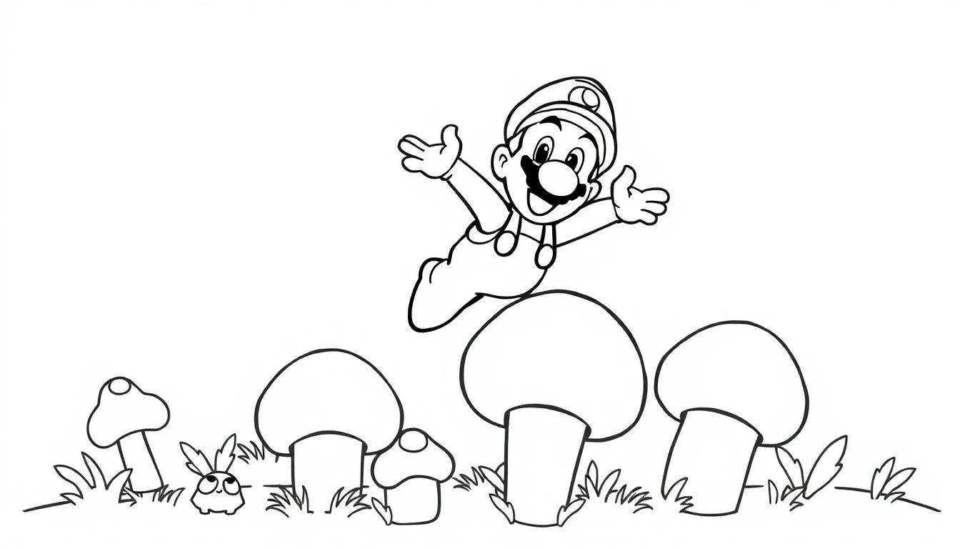 Eine Schwarz-Weiß-Farbtafel von Mario, der mit einem Lächeln über Pilze springt.