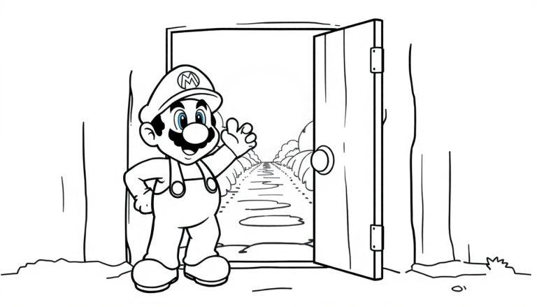 Mario winkt neben einer offenen Tür, die zu einer von Bäumen gesäumten Straße führt.