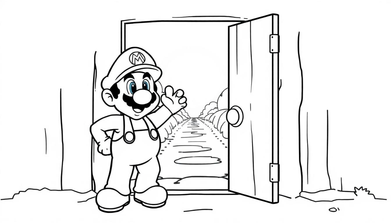 Mario winkt neben einer offenen Tür, die zu einer von Bäumen gesäumten Straße führt.
