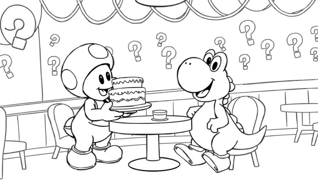Toad präsentiert eine Torte, während Yoshi sie im Restaurant betrachtet.