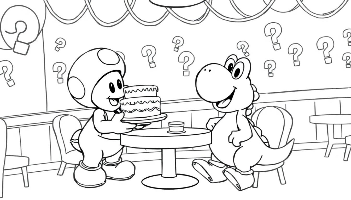 Toad präsentiert eine Torte, während Yoshi sie im Restaurant betrachtet.