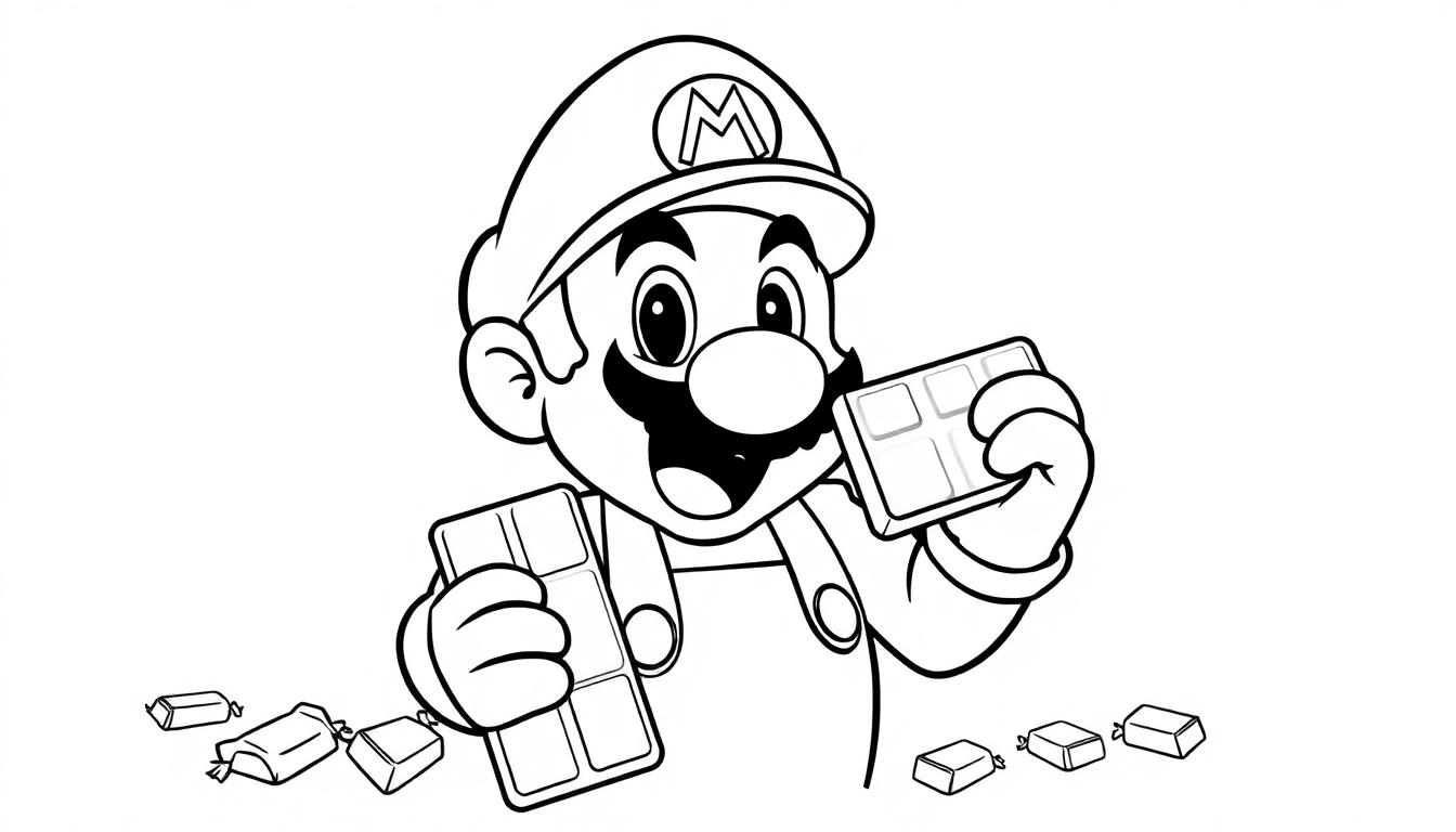 Mario hält Schokolade und Süßigkeiten