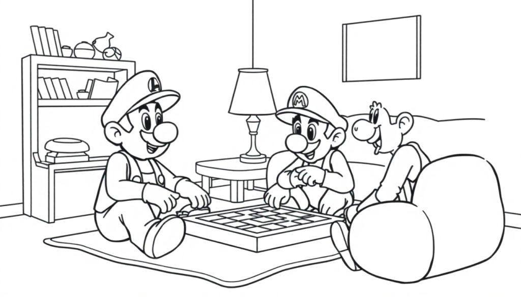 Mario und Luigi spielen Schach, während Yoshi zusieht, mit einem Bücherregal und einer Lampe im Hintergrund.