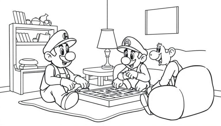 Mario und Luigi spielen Schach, während Yoshi zusieht, mit einem Bücherregal und einer Lampe im Hintergrund.
