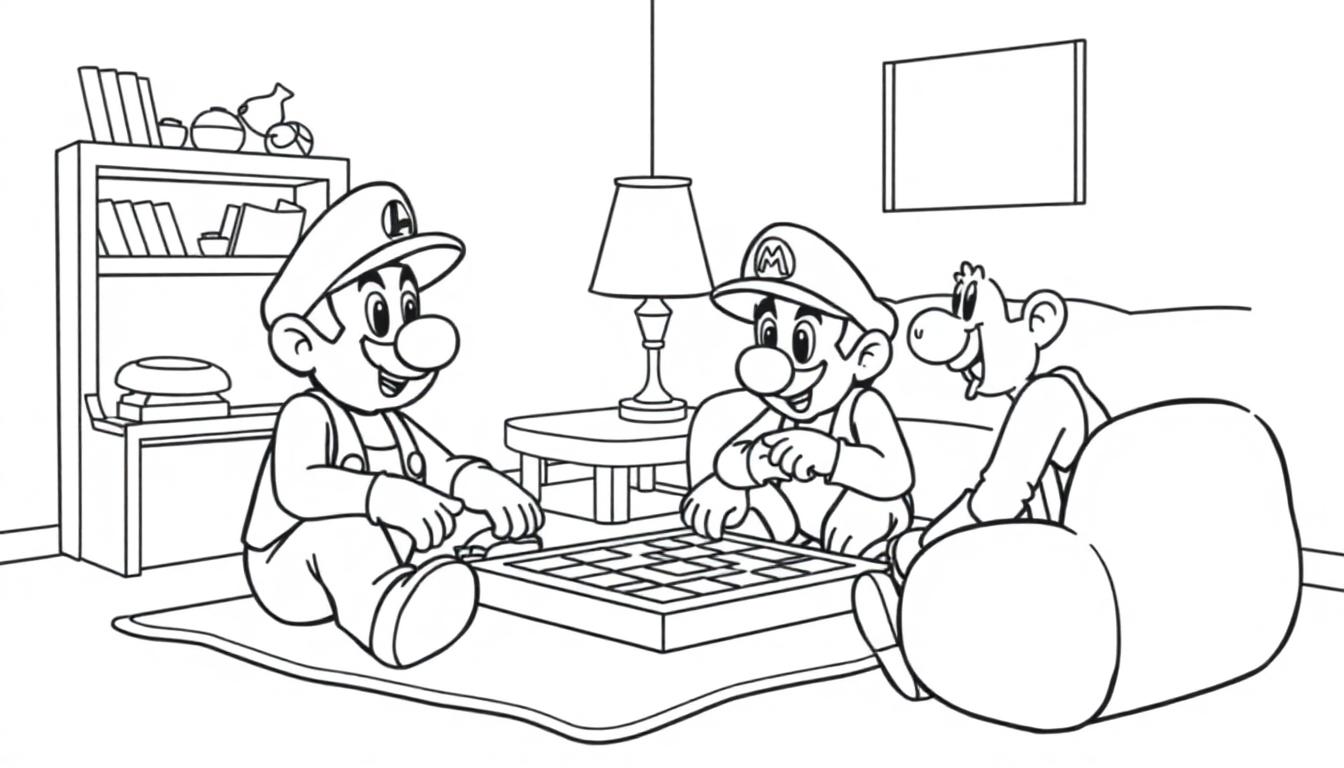 Mario und Luigi spielen Schach, während Yoshi zusieht, mit einem Bücherregal und einer Lampe im Hintergrund.