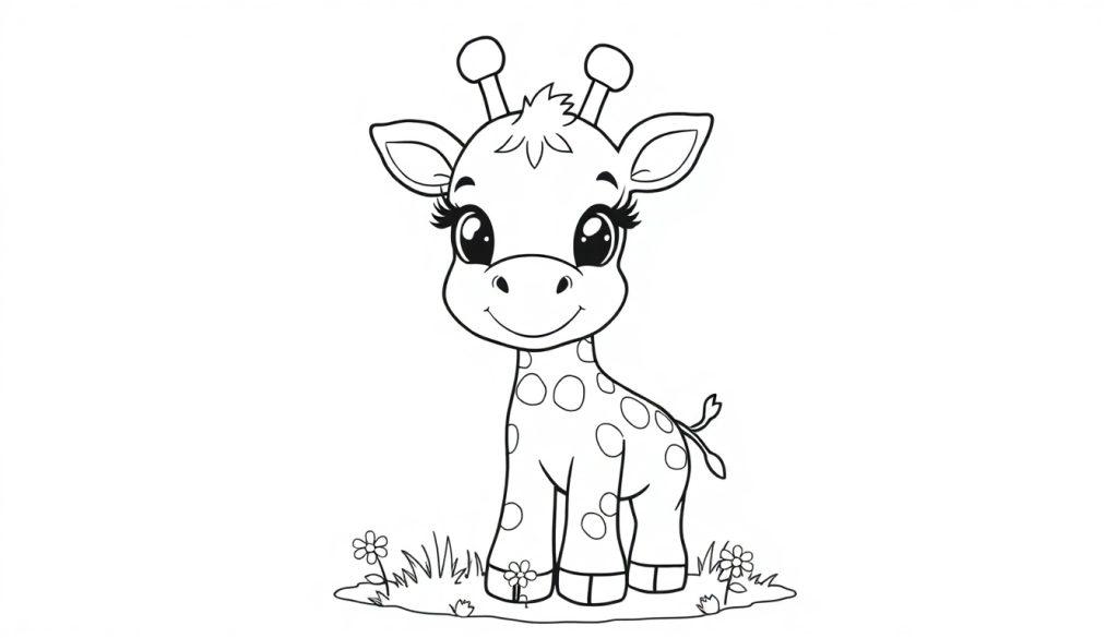 Eine Schwarz-Weiß-Farbtafel eines niedlichen Baby-Giraffenbabys mit großen Augen und Flecken.