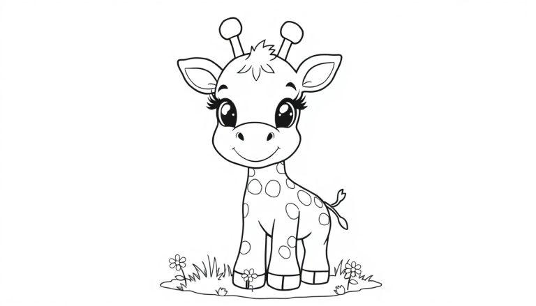 Eine Schwarz-Weiß-Farbtafel eines niedlichen Baby-Giraffenbabys mit großen Augen und Flecken.