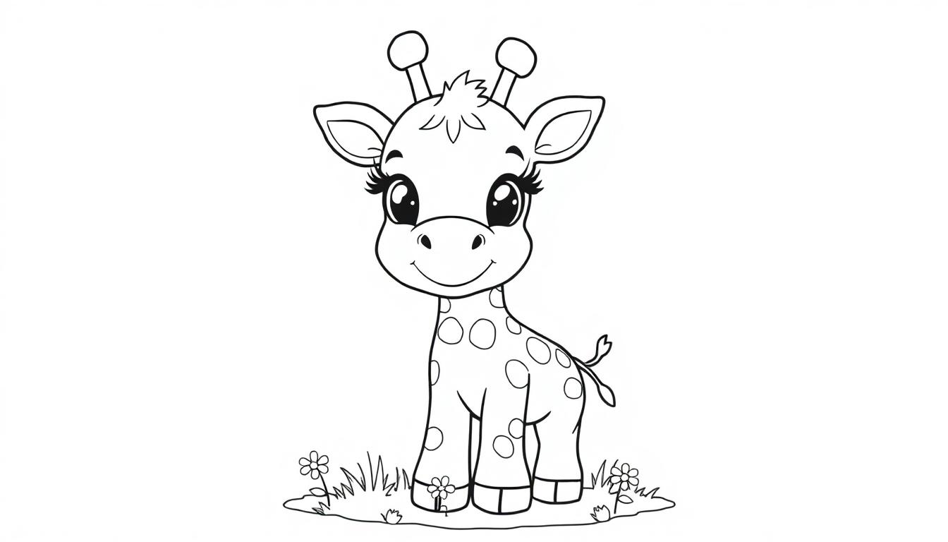 Eine Schwarz-Weiß-Farbtafel eines niedlichen Baby-Giraffenbabys mit großen Augen und Flecken.