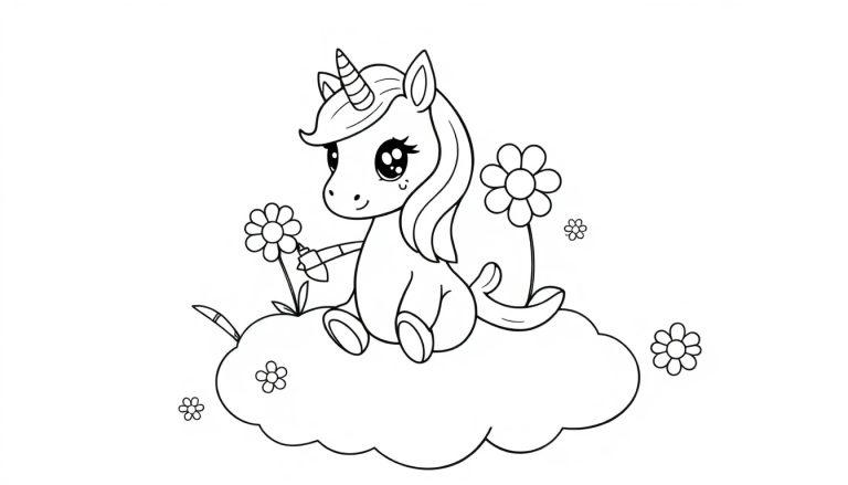 Eine Kawaii-Einhorn-Farbtafel auf einer Wolke mit Blumen.