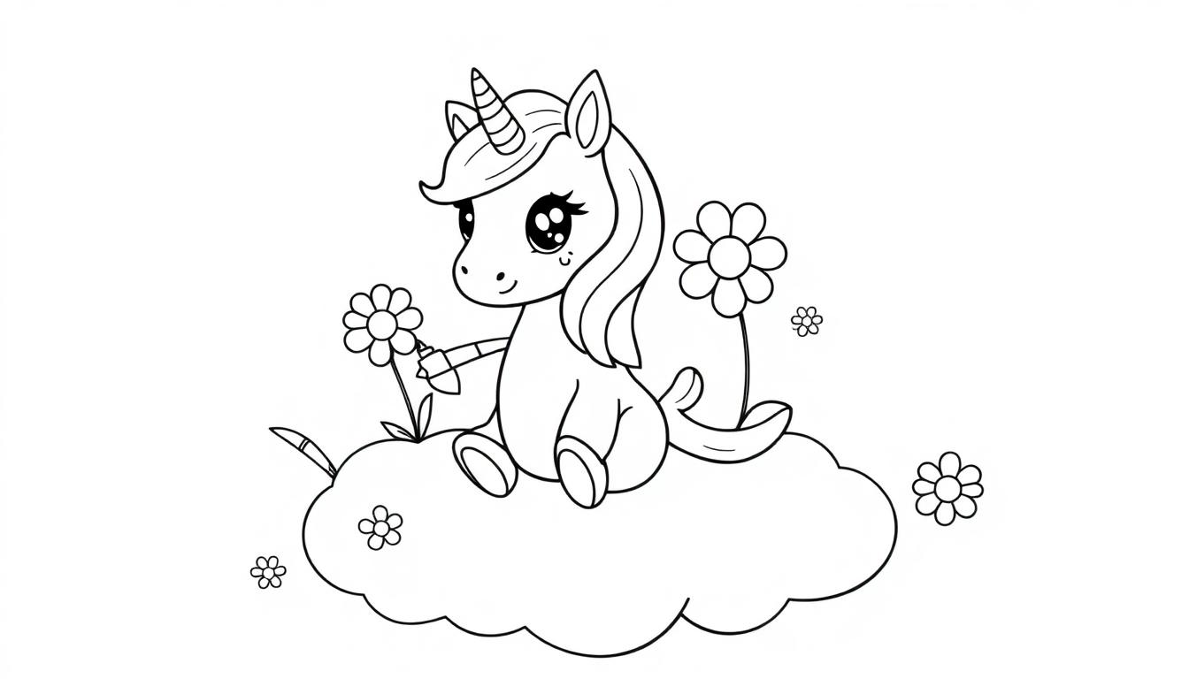 Eine Kawaii-Einhorn-Farbtafel auf einer Wolke mit Blumen.