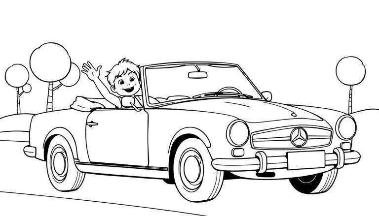 Schwarz-Weiß-Farbtafel eines fröhlichen Jungen in einem Oldtimer-Cabriolet.